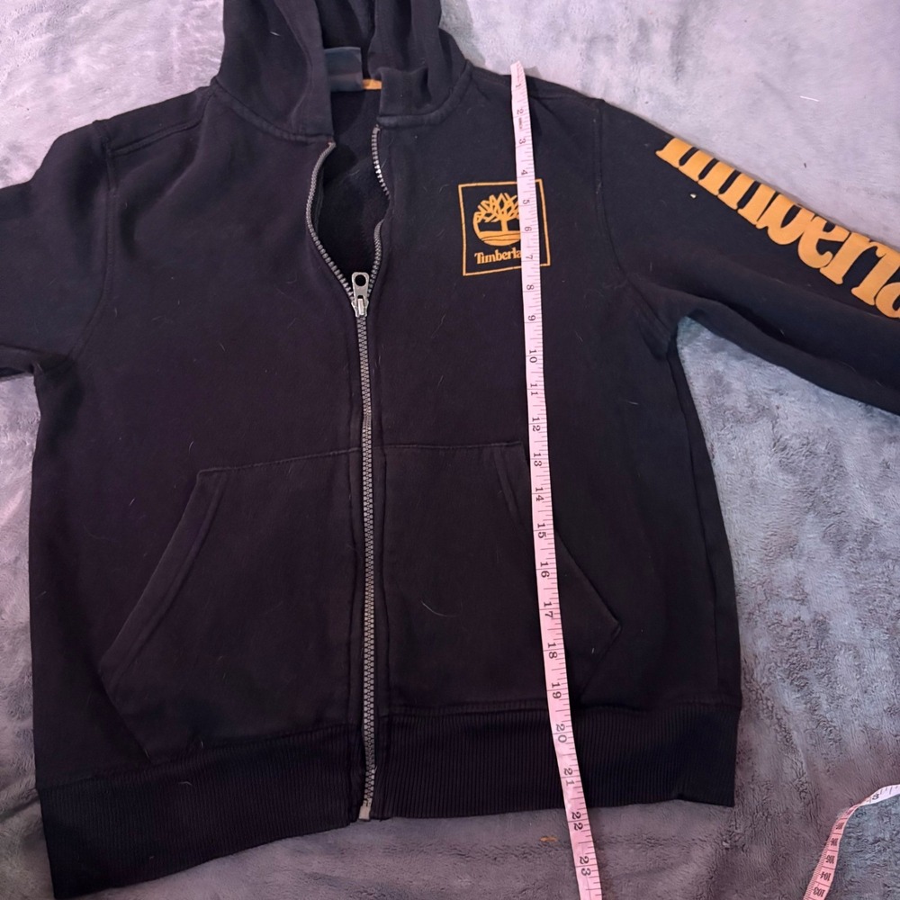 Timberland Black Zip Up Hoodie Logo Sleeve Graphic Fleece Lined Kids M 10 12 - Picture 14 of 14